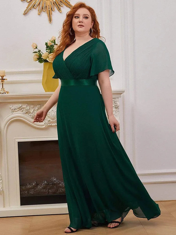 2024 New Women Plus Size Evening Dresses Long Elegant A Line V Neck Ruffles Chiffon Formal Wedding Party Dress Robe De Soiree