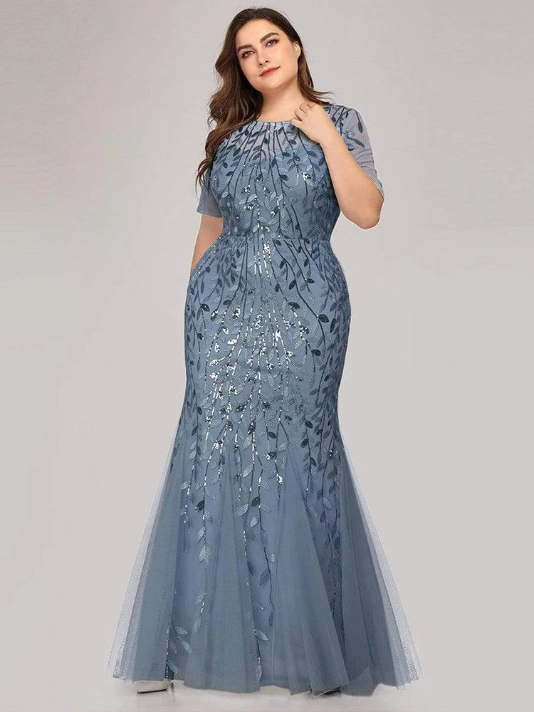 2023 Plus Size Sequin Mesh Mermaid Slim Evening Dress Beaded Leaves Pattern Formal  Women Elegant Party Prom Gowns Short Sleeve