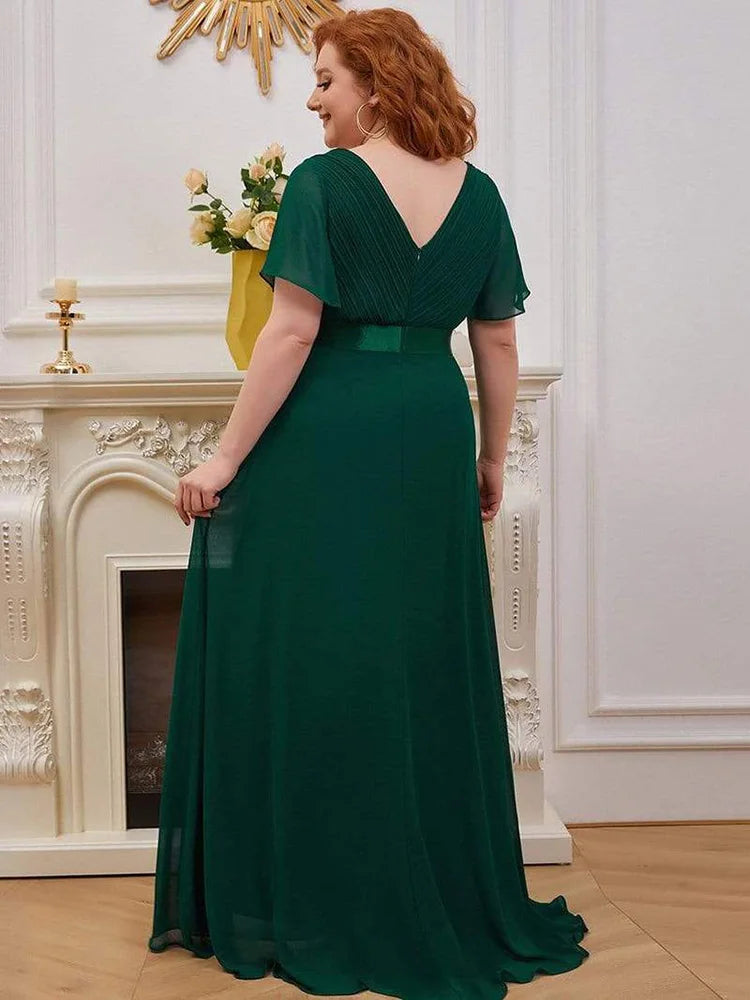 2024 New Women Plus Size Evening Dresses Long Elegant A Line V Neck Ruffles Chiffon Formal Wedding Party Dress Robe De Soiree