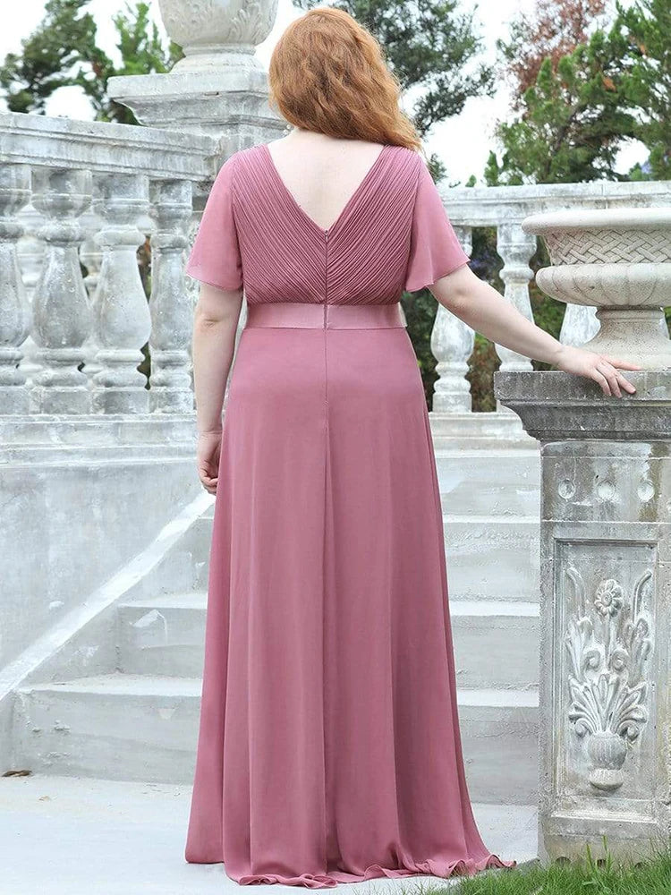 2024 New Women Plus Size Evening Dresses Long Elegant A Line V Neck Ruffles Chiffon Formal Wedding Party Dress Robe De Soiree