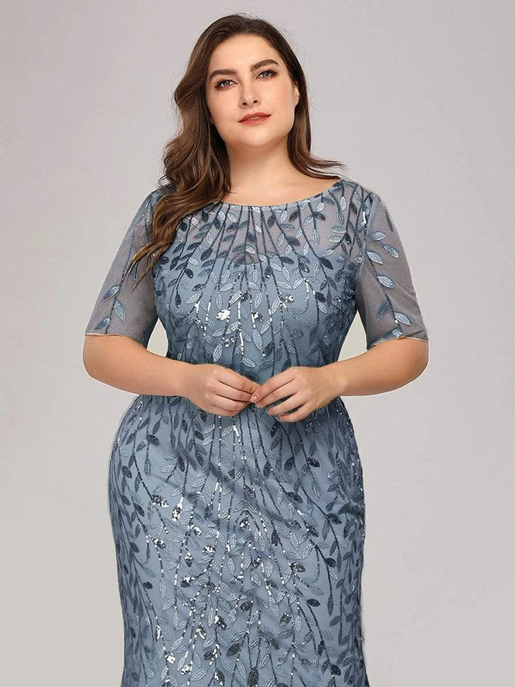 2023 Plus Size Sequin Mesh Mermaid Slim Evening Dress Beaded Leaves Pattern Formal  Women Elegant Party Prom Gowns Short Sleeve