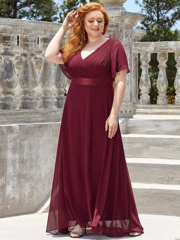 2024 New Women Plus Size Evening Dresses Long Elegant A Line V Neck Ruffles Chiffon Formal Wedding Party Dress Robe De Soiree