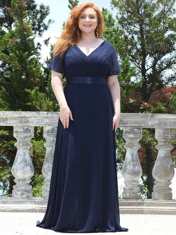 2024 New Women Plus Size Evening Dresses Long Elegant A Line V Neck Ruffles Chiffon Formal Wedding Party Dress Robe De Soiree