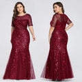 2023 Plus Size Sequin Mesh Mermaid Slim Evening Dress Beaded Leaves Pattern Formal  Women Elegant Party Prom Gowns Short Sleeve