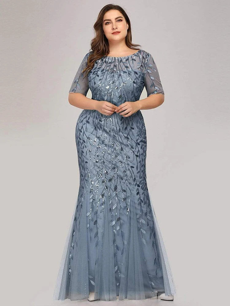 2023 Plus Size Sequin Mesh Mermaid Slim Evening Dress Beaded Leaves Pattern Formal  Women Elegant Party Prom Gowns Short Sleeve