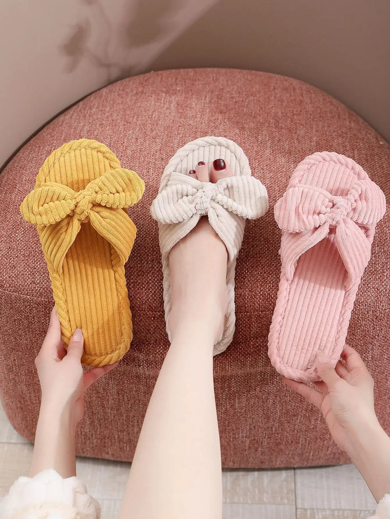 Women's Corduroy Bow Living Room Shoes Slippers Home Soft Casual Autumn Winter Silent Light EVA Anti Slip Herringbone Slippers