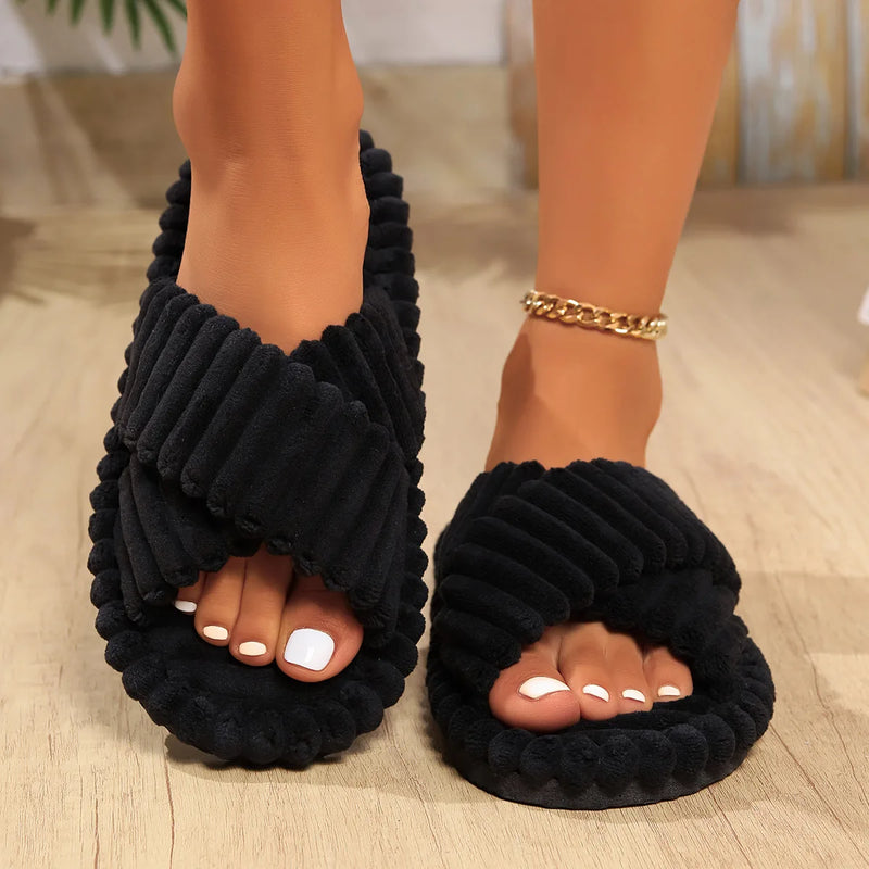 Women's Corduroy Bow Living Room Shoes Slippers Home Soft Casual Autumn Winter Silent Light EVA Anti Slip Herringbone Slippers