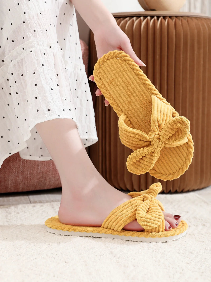 Women's Corduroy Bow Living Room Shoes Slippers Home Soft Casual Autumn Winter Silent Light EVA Anti Slip Herringbone Slippers