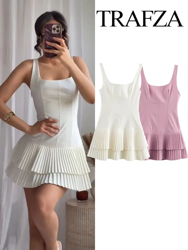 TRAFZA Women Fashion Square Collar Sleeveless Solid Mini Dress Female Summer Pleated Dress Chic High Street Slim Short Dress