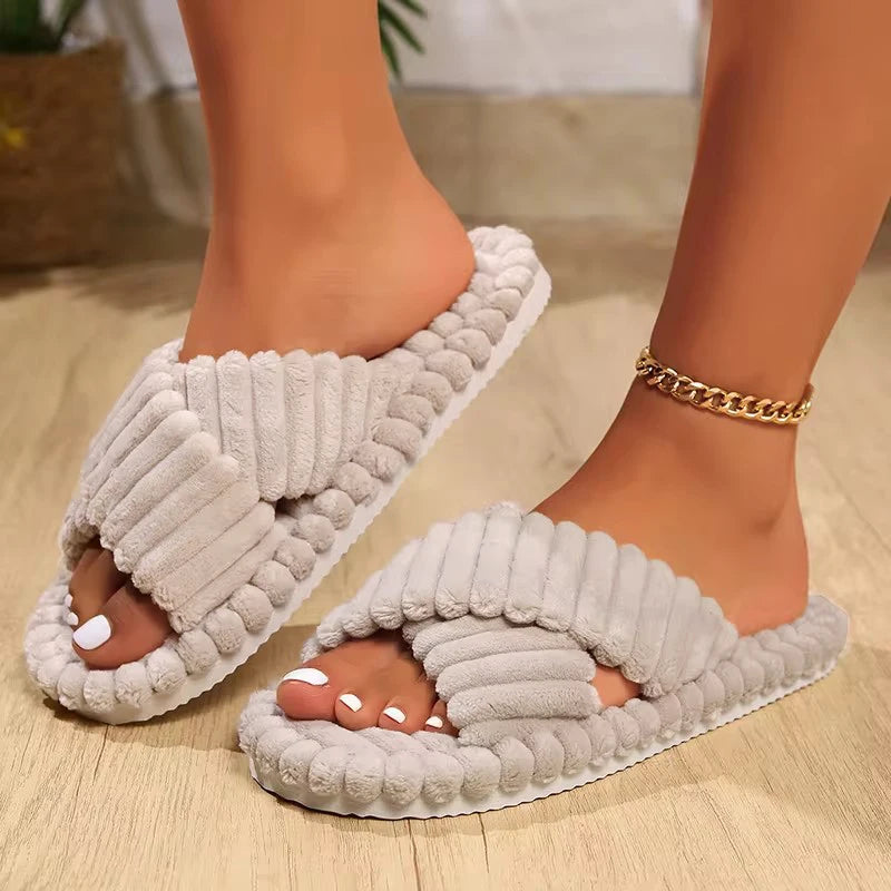 Women's Corduroy Bow Living Room Shoes Slippers Home Soft Casual Autumn Winter Silent Light EVA Anti Slip Herringbone Slippers