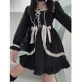 Harajuku Sweet Bow Black Plaid Dresses All-match Slim Fit Kawaii Lolita Dress for Women Autumn New Long Sleeve Vestidos De Mujer