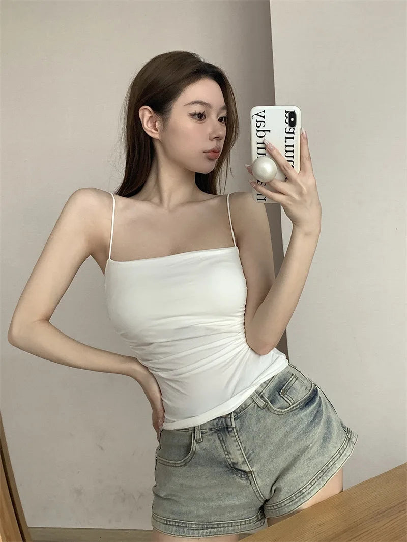 New Women's Halter Top Summer Korean Style Trend Fashion Built-In Women's Bra Stretch Women's Beach Everyday Casual Tank Top