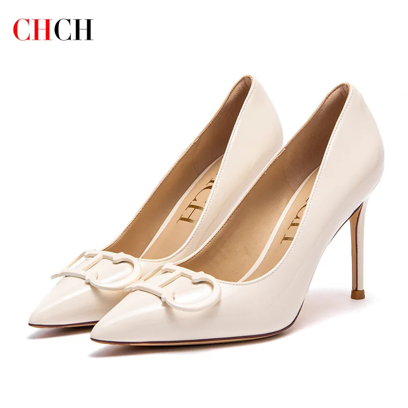 CHCH Women's High Heels New Pointed Metal Buckle Party Carnival Women's Shoes 9cm