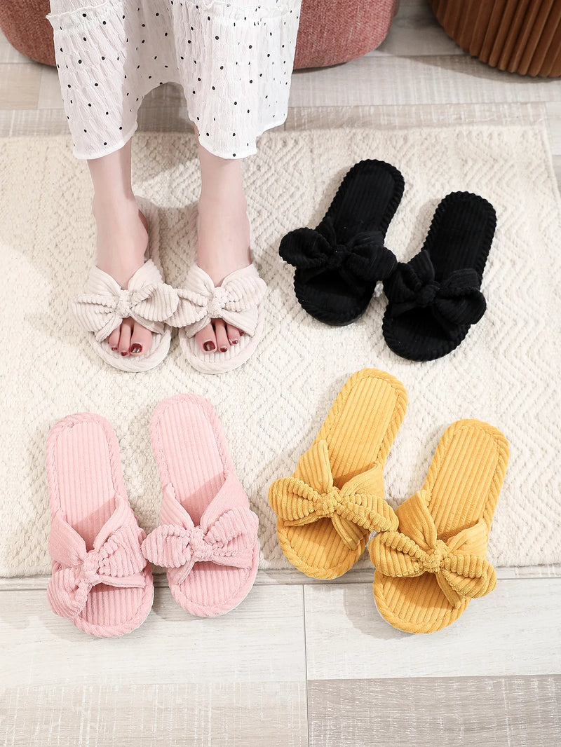 Women's Corduroy Bow Living Room Shoes Slippers Home Soft Casual Autumn Winter Silent Light EVA Anti Slip Herringbone Slippers