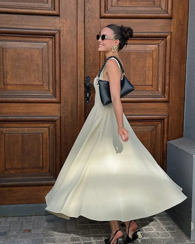 Elegant White High Waist Women's Dress Fashion Square Neck Sleeveless A-line Dresses 2025 New Vocation Beach Party Streetwear