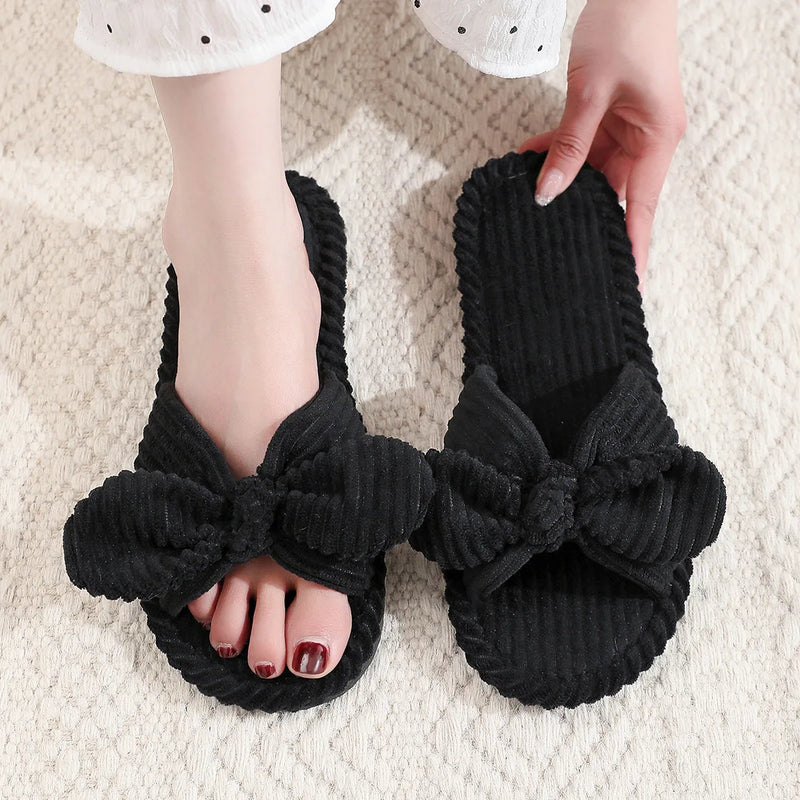 Women's Corduroy Bow Living Room Shoes Slippers Home Soft Casual Autumn Winter Silent Light EVA Anti Slip Herringbone Slippers