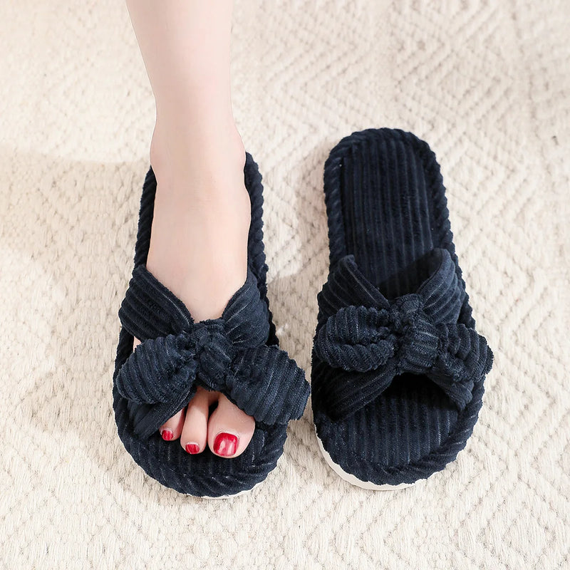 Women's Corduroy Bow Living Room Shoes Slippers Home Soft Casual Autumn Winter Silent Light EVA Anti Slip Herringbone Slippers