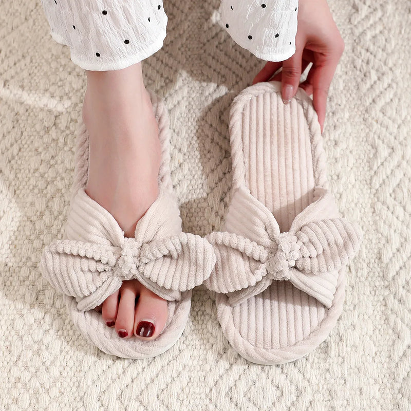 Women's Corduroy Bow Living Room Shoes Slippers Home Soft Casual Autumn Winter Silent Light EVA Anti Slip Herringbone Slippers