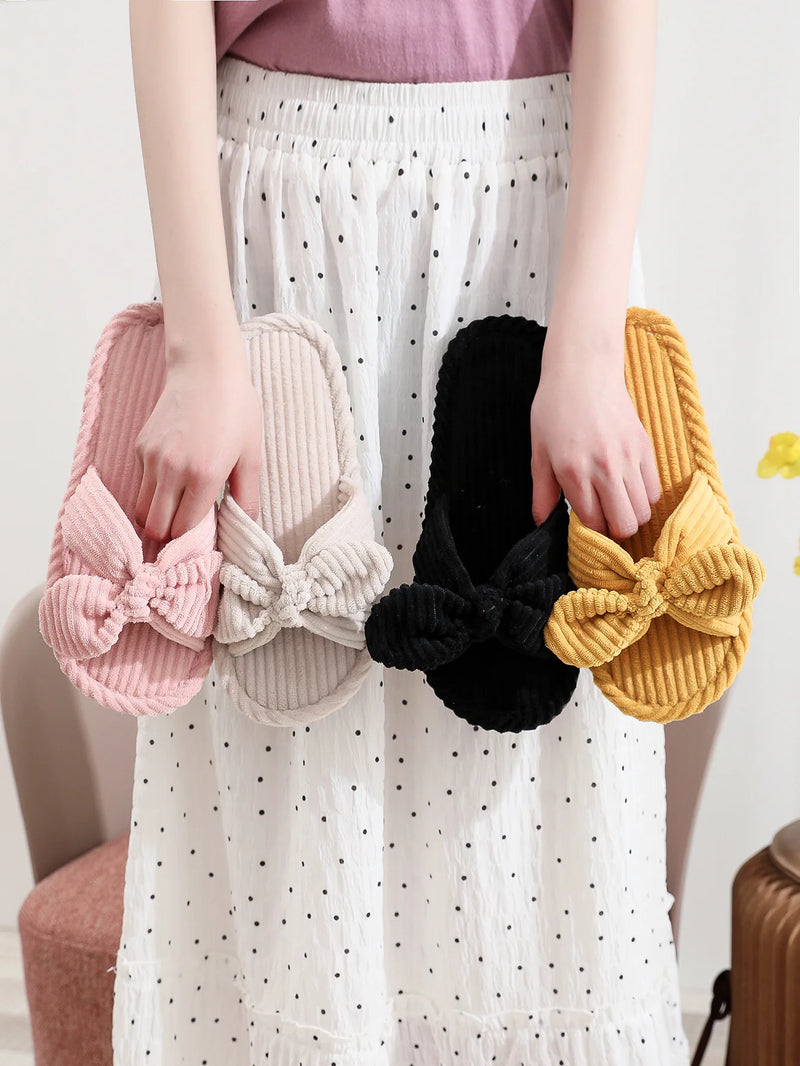 Women's Corduroy Bow Living Room Shoes Slippers Home Soft Casual Autumn Winter Silent Light EVA Anti Slip Herringbone Slippers