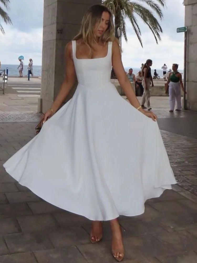 Elegant White High Waist Women's Dress Fashion Square Neck Sleeveless A-line Dresses 2025 New Vocation Beach Party Streetwear