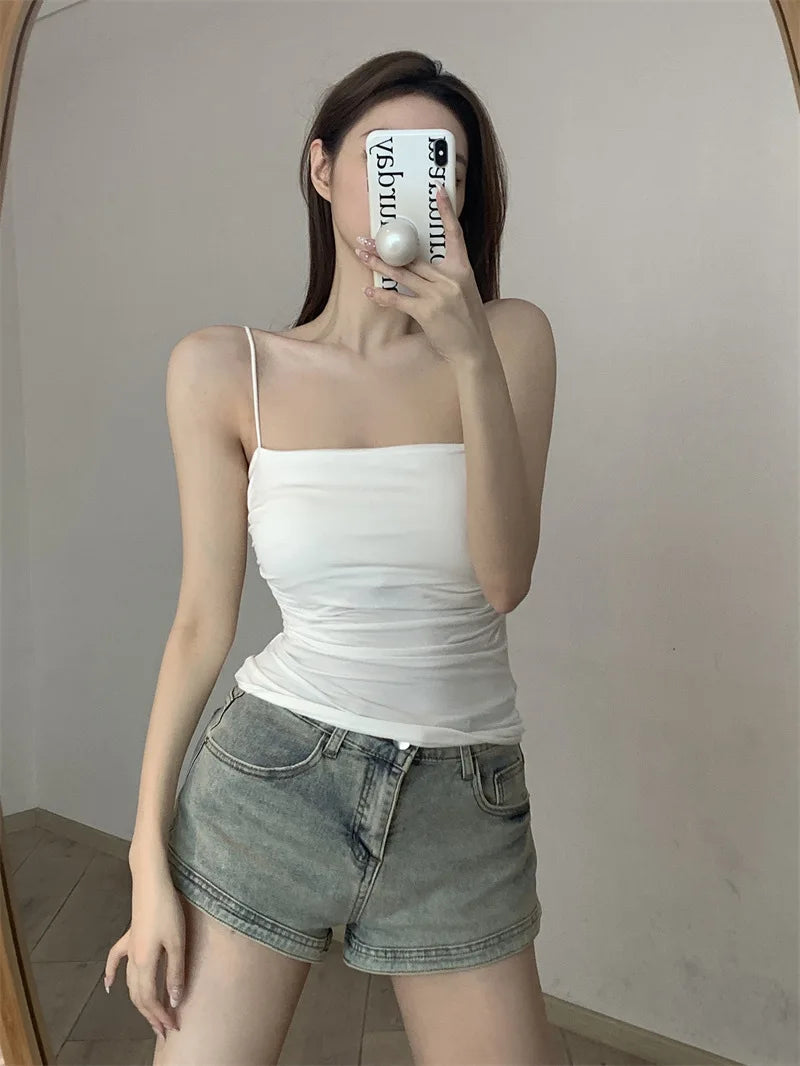 New Women's Halter Top Summer Korean Style Trend Fashion Built-In Women's Bra Stretch Women's Beach Everyday Casual Tank Top