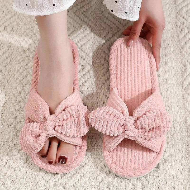 Women's Corduroy Bow Living Room Shoes Slippers Home Soft Casual Autumn Winter Silent Light EVA Anti Slip Herringbone Slippers