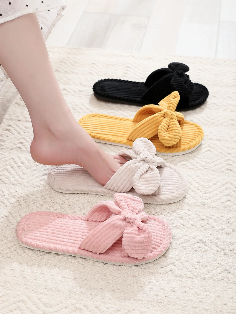 Women's Corduroy Bow Living Room Shoes Slippers Home Soft Casual Autumn Winter Silent Light EVA Anti Slip Herringbone Slippers