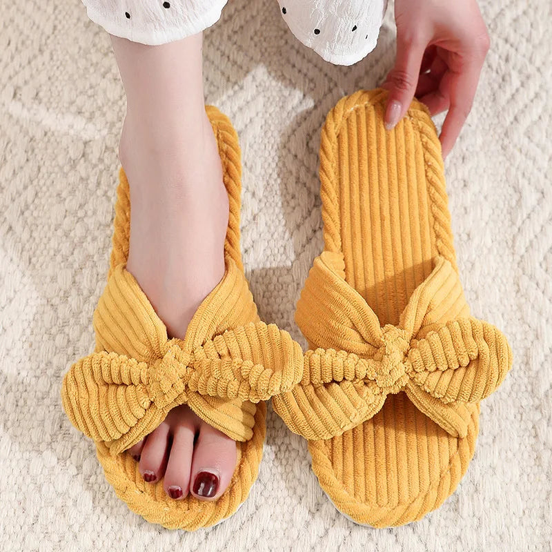 Women's Corduroy Bow Living Room Shoes Slippers Home Soft Casual Autumn Winter Silent Light EVA Anti Slip Herringbone Slippers