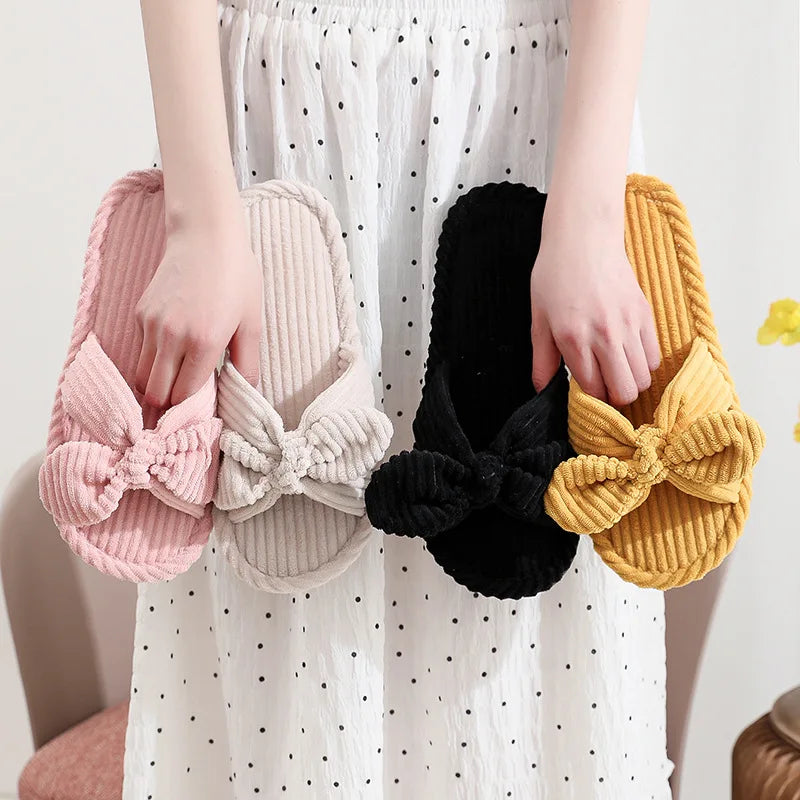 Women's Corduroy Bow Living Room Shoes Slippers Home Soft Casual Autumn Winter Silent Light EVA Anti Slip Herringbone Slippers