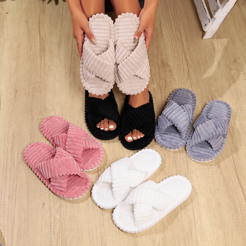 Women's Corduroy Bow Living Room Shoes Slippers Home Soft Casual Autumn Winter Silent Light EVA Anti Slip Herringbone Slippers