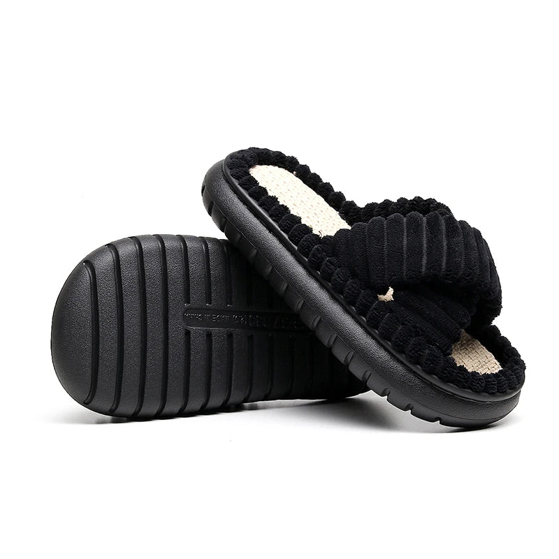 2024 Autumn Winter New Women Home Slippers Open-Toe Cross Band Linen Soled Indoor Slides Linen Soled Non-Slip Bathroom Slippers