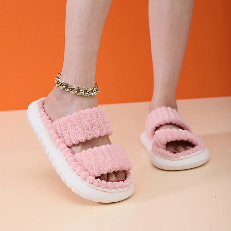 2024 Autumn Winter New Women Home Slippers Open-Toe Cross Band Linen Soled Indoor Slides Linen Soled Non-Slip Bathroom Slippers