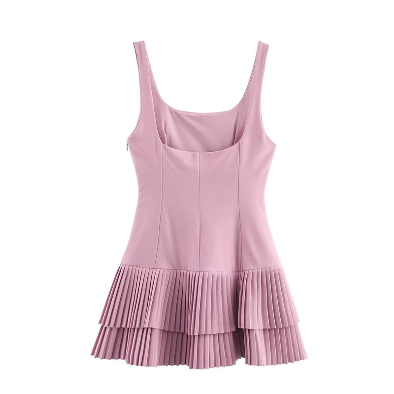 TRAFZA Women Fashion Square Collar Sleeveless Solid Mini Dress Female Summer Pleated Dress Chic High Street Slim Short Dress